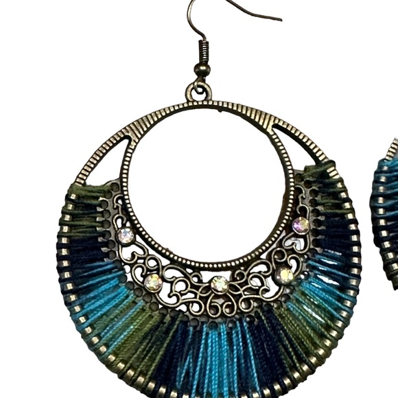 Boho Style Blue and Green Threaded Drop Hoop Earrings - Picture 2 of 5
